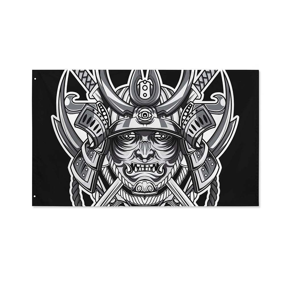 Silver Samurai Mask Print Polyester Flag