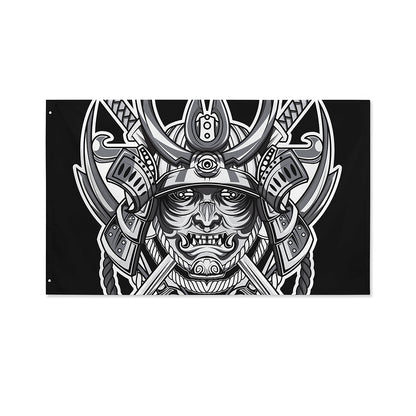 Silver Samurai Mask Print Polyester Flag