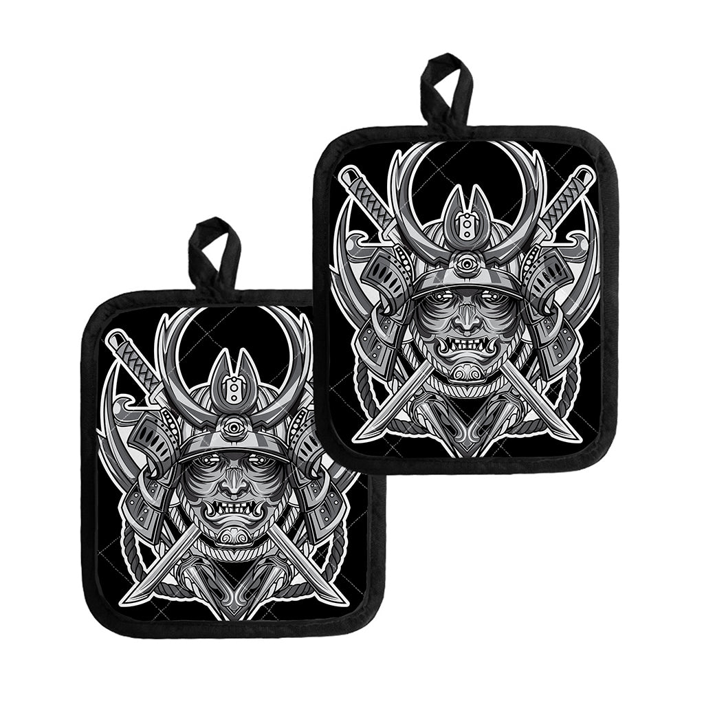 Silver Samurai Mask Print Pot Holders