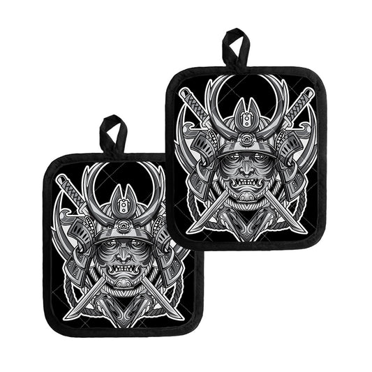 Silver Samurai Mask Print Pot Holders