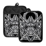 Silver Samurai Mask Print Pot Holders With Pocket