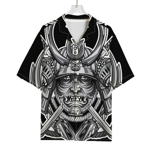 Silver Samurai Mask Print Rayon Hawaiian Shirt