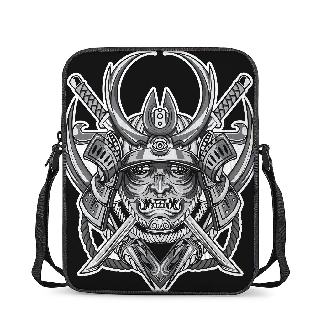 Silver Samurai Mask Print Rectangular Crossbody Bag