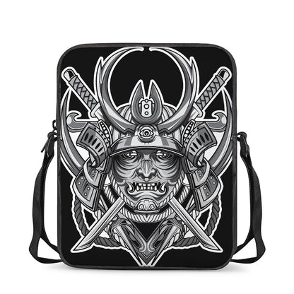 Silver Samurai Mask Print Rectangular Crossbody Bag