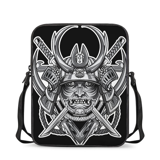 Silver Samurai Mask Print Rectangular Crossbody Bag