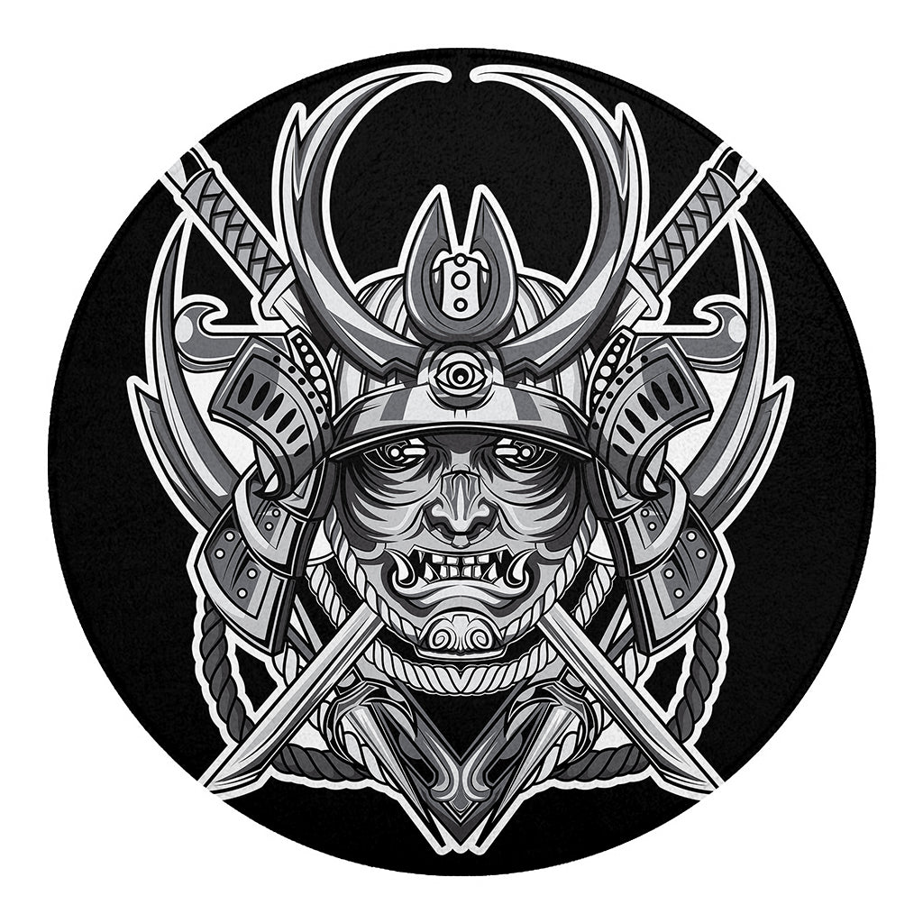 Silver Samurai Mask Print Round Blanket