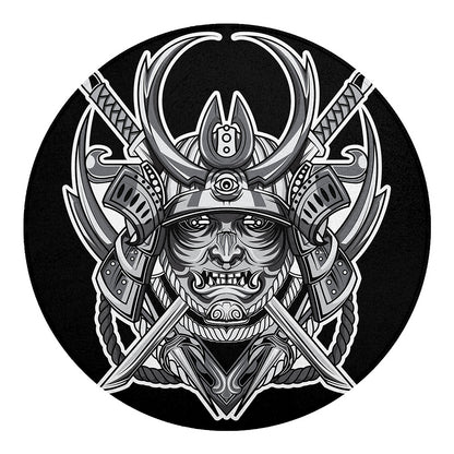 Silver Samurai Mask Print Round Blanket