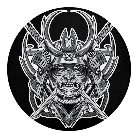 Silver Samurai Mask Print Round Blanket