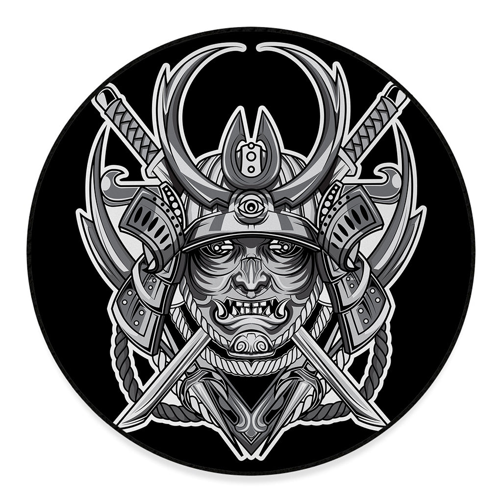 Silver Samurai Mask Print Round Floor Mat