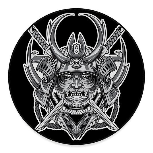 Silver Samurai Mask Print Round Floor Mat