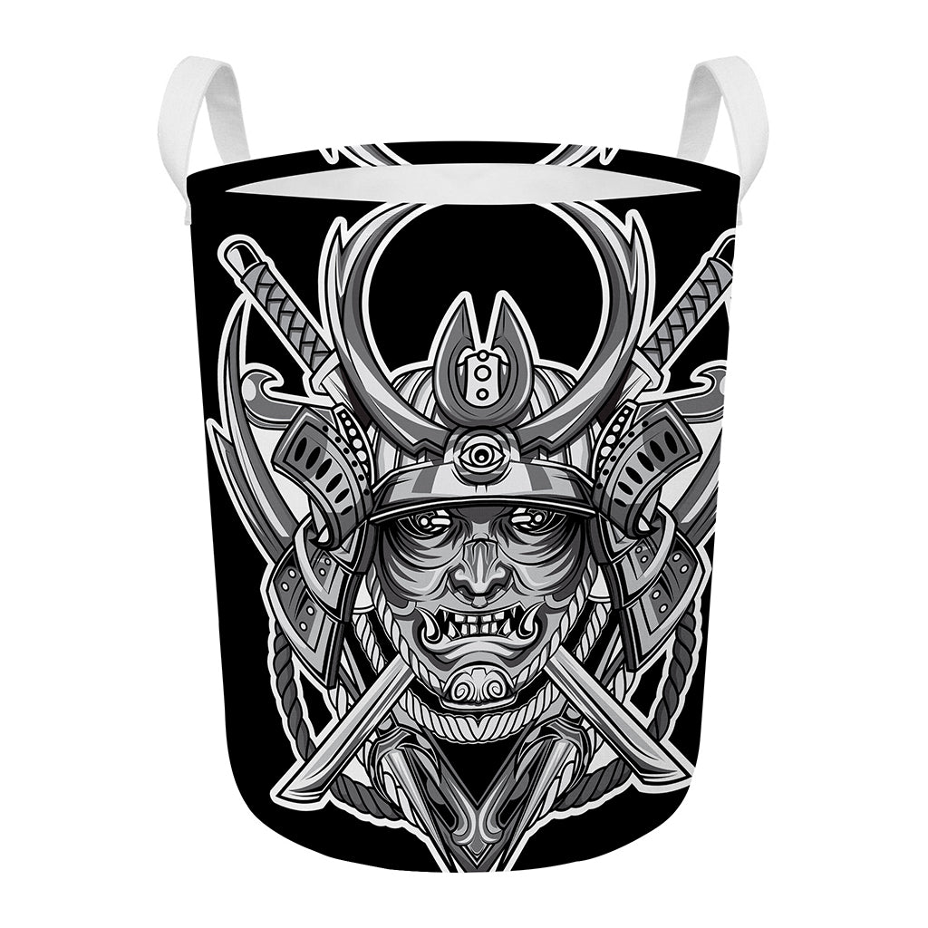 Silver Samurai Mask Print Round Laundry Basket