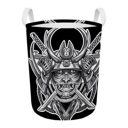 Silver Samurai Mask Print Round Laundry Basket