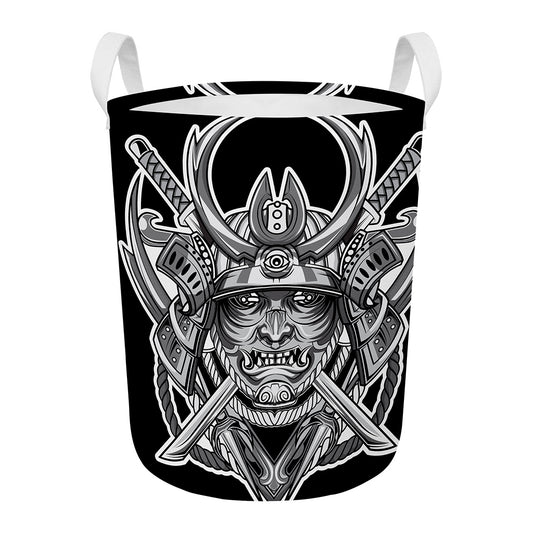 Silver Samurai Mask Print Round Laundry Basket