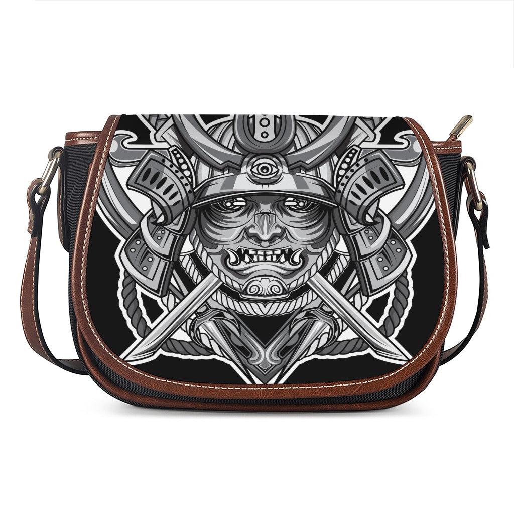 Silver Samurai Mask Print Saddle Bag