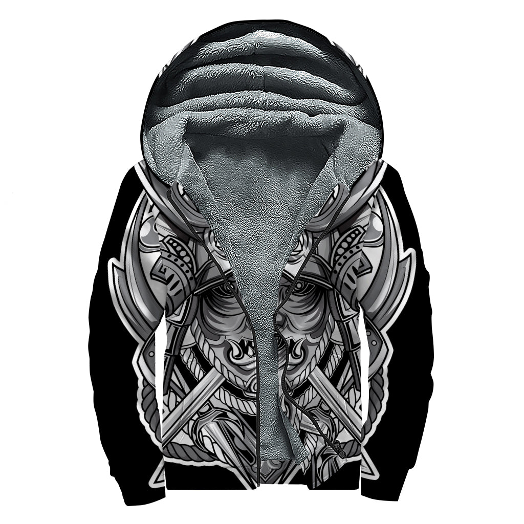 Silver Samurai Mask Print Sherpa Lined Zip Up Hoodie