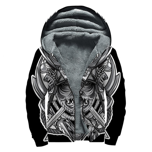 Silver Samurai Mask Print Sherpa Lined Zip Up Hoodie