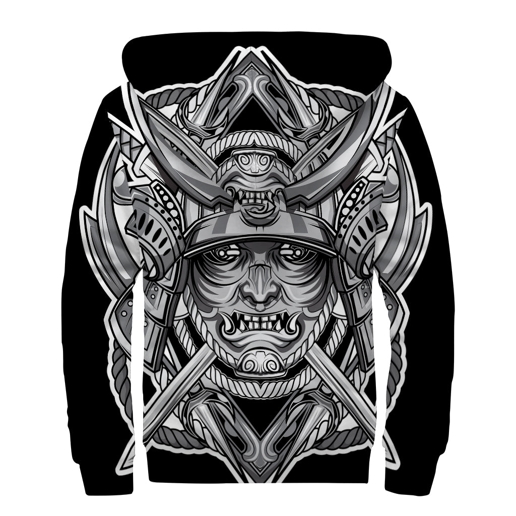 Silver Samurai Mask Print Sherpa Lined Zip Up Hoodie