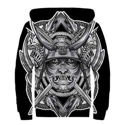 Silver Samurai Mask Print Sherpa Lined Zip Up Hoodie