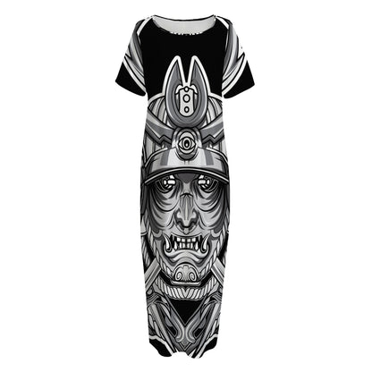 Silver Samurai Mask Print Short Sleeve Long Nightdress