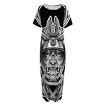Silver Samurai Mask Print Short Sleeve Long Nightdress