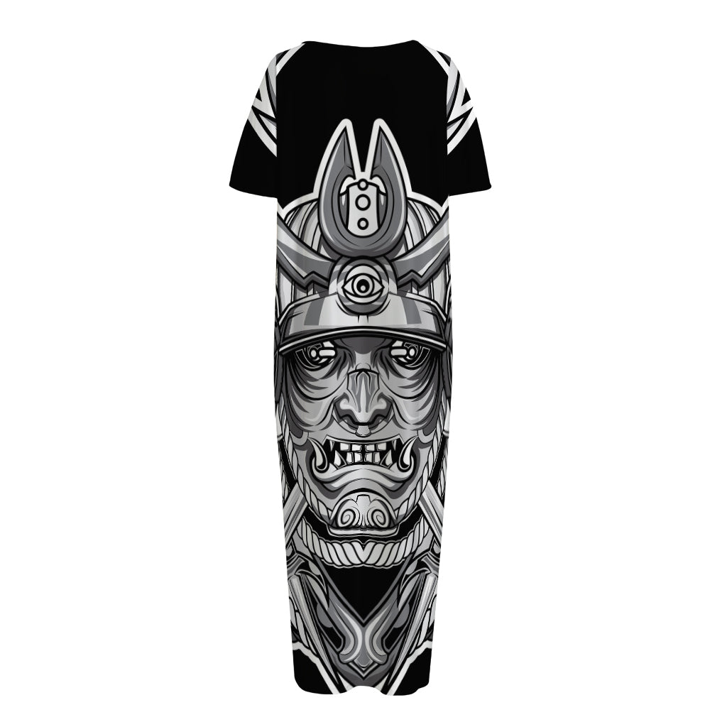 Silver Samurai Mask Print Short Sleeve Long Nightdress