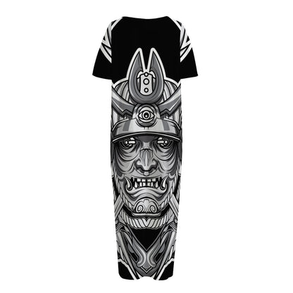 Silver Samurai Mask Print Short Sleeve Long Nightdress