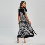 Silver Samurai Mask Print Short Sleeve Maxi Dress