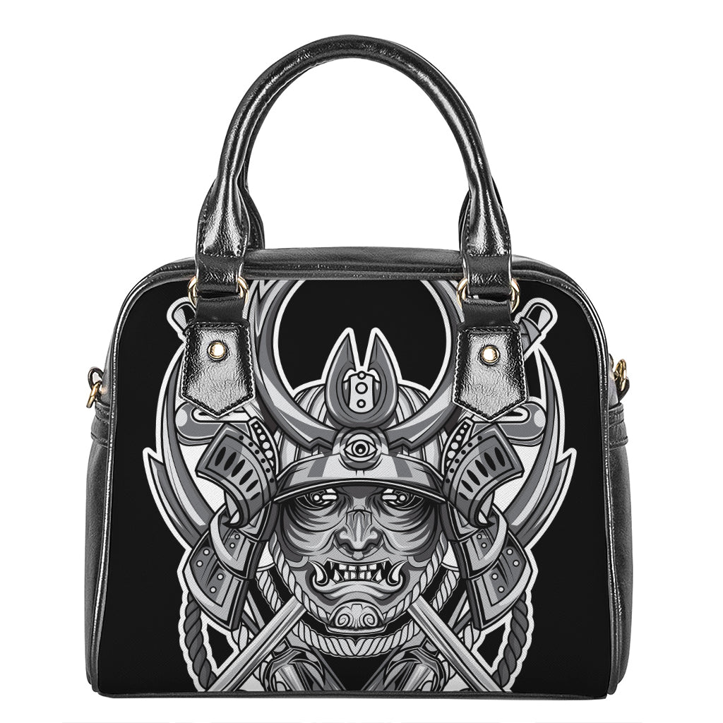 Silver Samurai Mask Print Shoulder Handbag