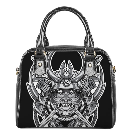 Silver Samurai Mask Print Shoulder Handbag