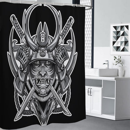 Silver Samurai Mask Print Shower Curtain