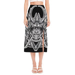 Silver Samurai Mask Print Side Slit Midi Skirt