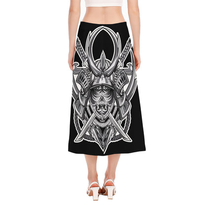 Silver Samurai Mask Print Side Slit Midi Skirt