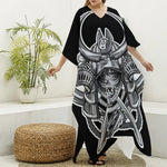 Silver Samurai Mask Print Silk V-Neck Kaftan Dress