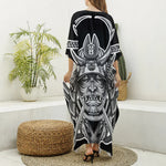 Silver Samurai Mask Print Silk V-Neck Kaftan Dress