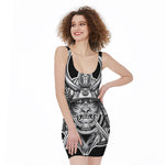 Silver Samurai Mask Print Sleeveless Bodycon Dress