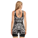 Silver Samurai Mask Print Sleeveless One Piece Swimsuit