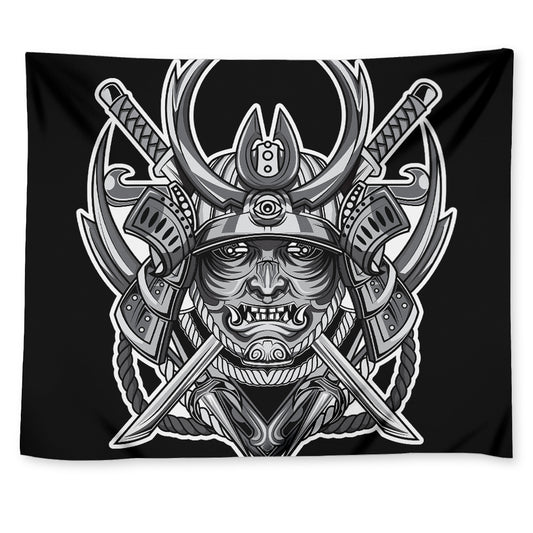 Silver Samurai Mask Print Tapestry