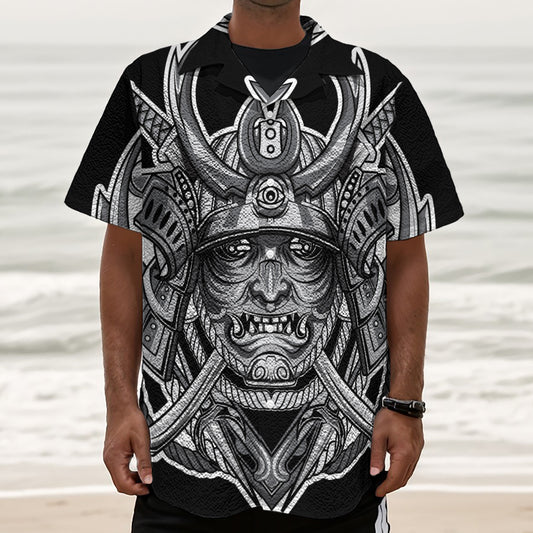 Silver Samurai Mask Print Textured Short Sleeve Shirt