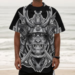 Silver Samurai Mask Print Textured Short Sleeve Shirt