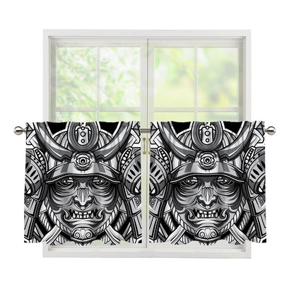 Silver Samurai Mask Print Tier Curtains