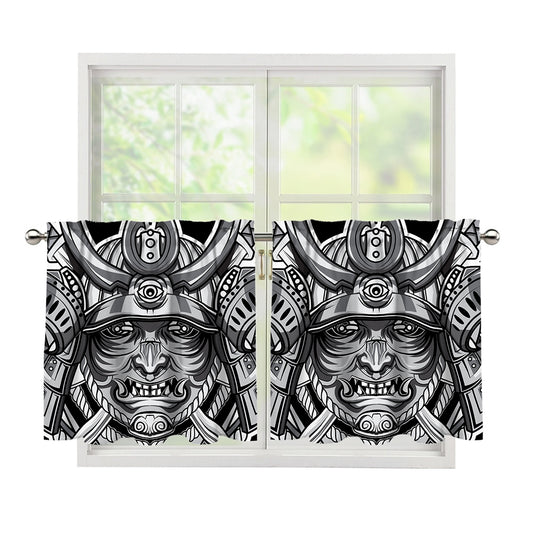 Silver Samurai Mask Print Tier Curtains