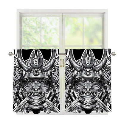 Silver Samurai Mask Print Tier Curtains
