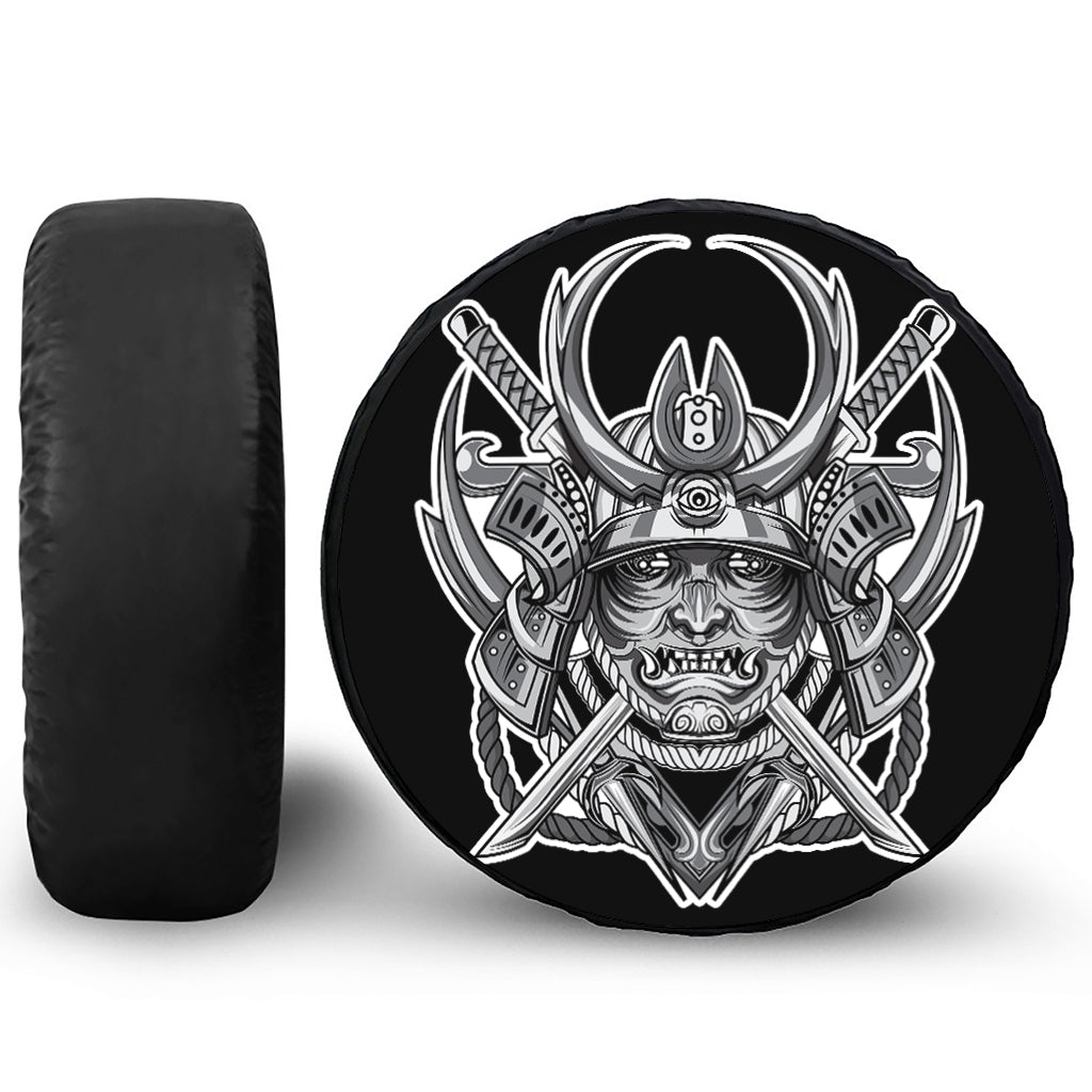 Silver Samurai Mask Print Tire Cover