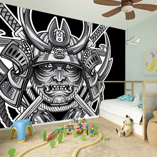 Silver Samurai Mask Print Wall Sticker