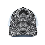 Silver Samurai Mask Print White Mesh Trucker Cap