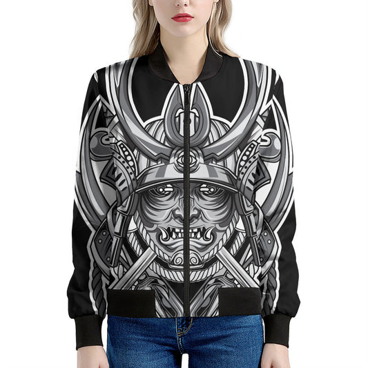 Silver Samurai Mask Print Women's Bomber Jacket