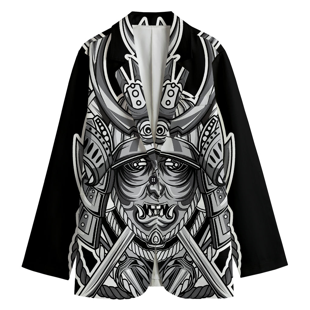 Silver Samurai Mask Print Women's Cotton Blazer