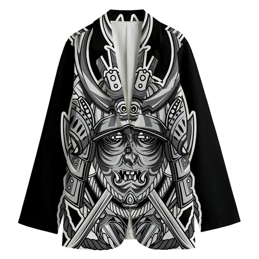 Silver Samurai Mask Print Women's Cotton Blazer
