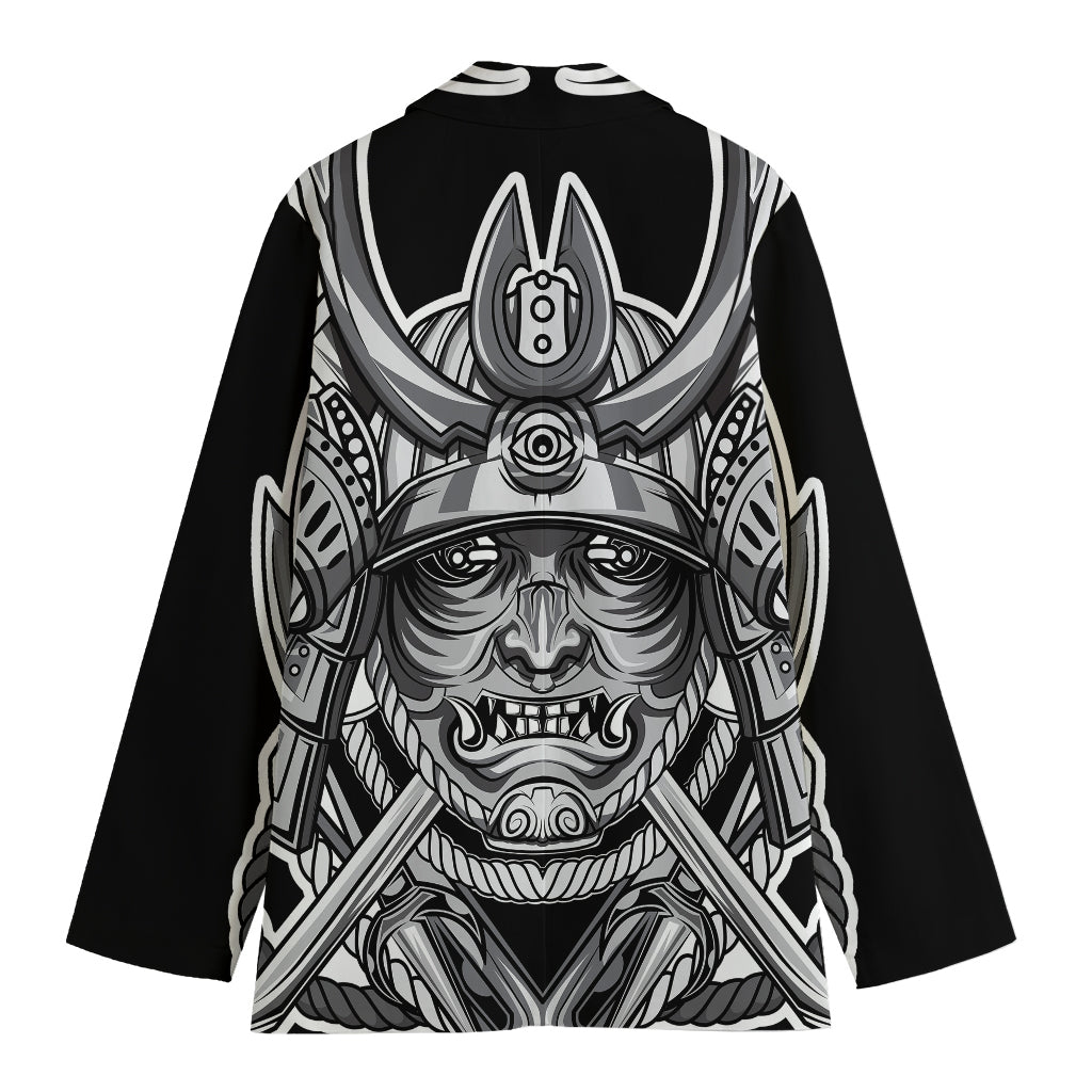 Silver Samurai Mask Print Women's Cotton Blazer
