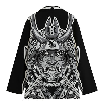 Silver Samurai Mask Print Women's Cotton Blazer